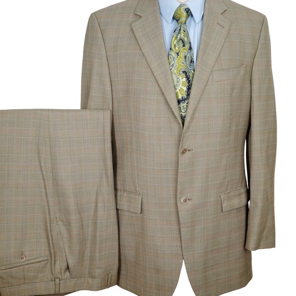 Michael Kors Suit Men 44L 34W 31L Beige Blue Orange Plaid